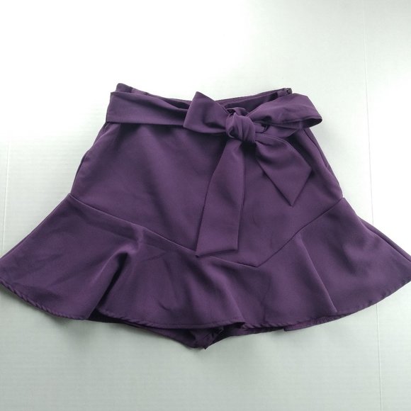 ZARA Womens Mini Skort Purple Fit and Flare Ruffle Sash Tie Skirt over Shorts - Picture 1 of 9